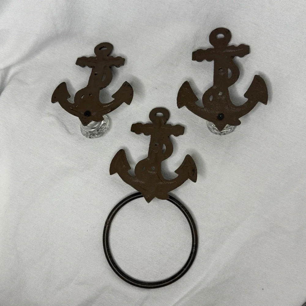 Cast Iron Anchor Hangers Towel Ring 3pc Rustic Nautical Coastal Decorative Knobs